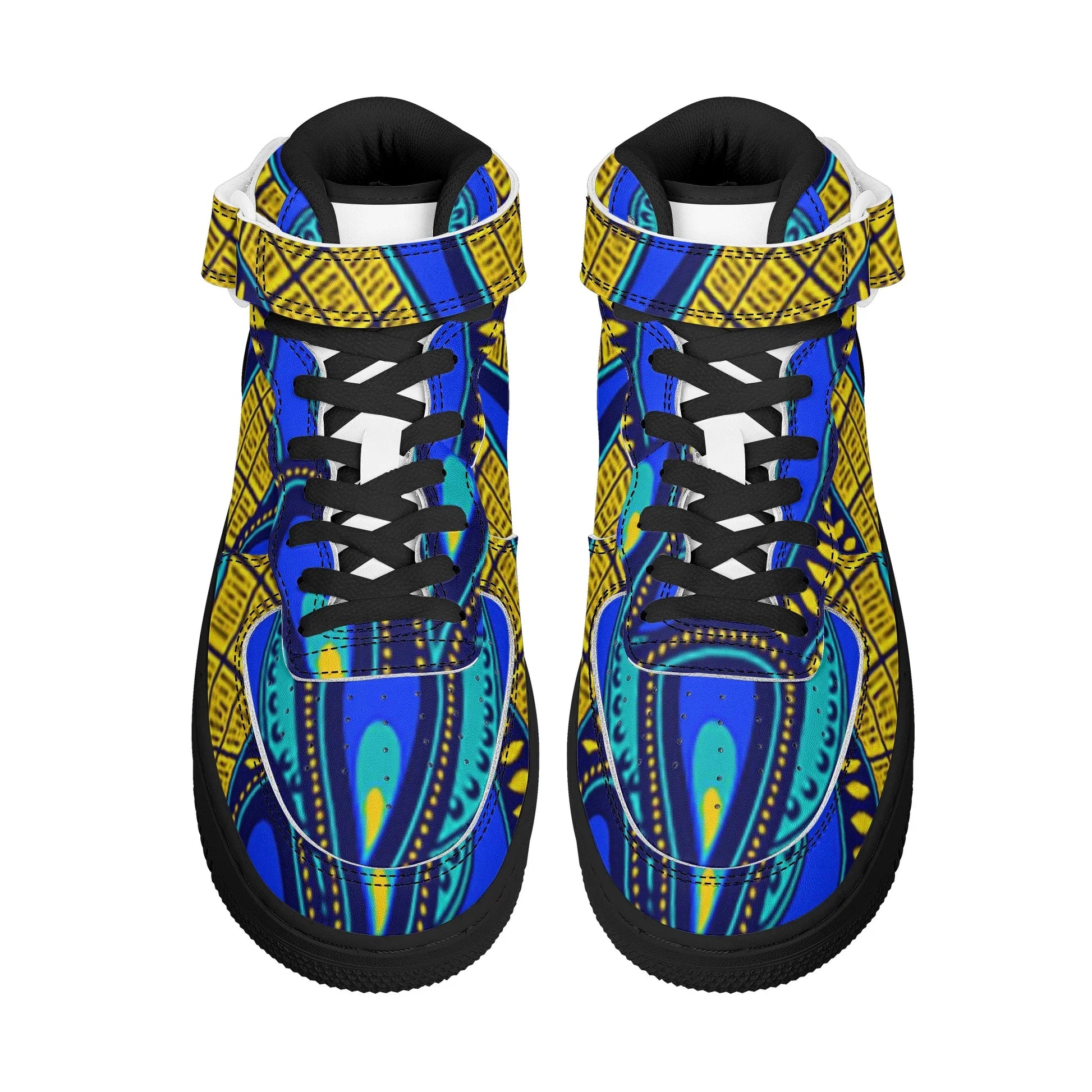 Vivid Azura Blue Spiral - Ethnic-Inspired Pattern Womens High Top Leather Sneakers - D'Sare