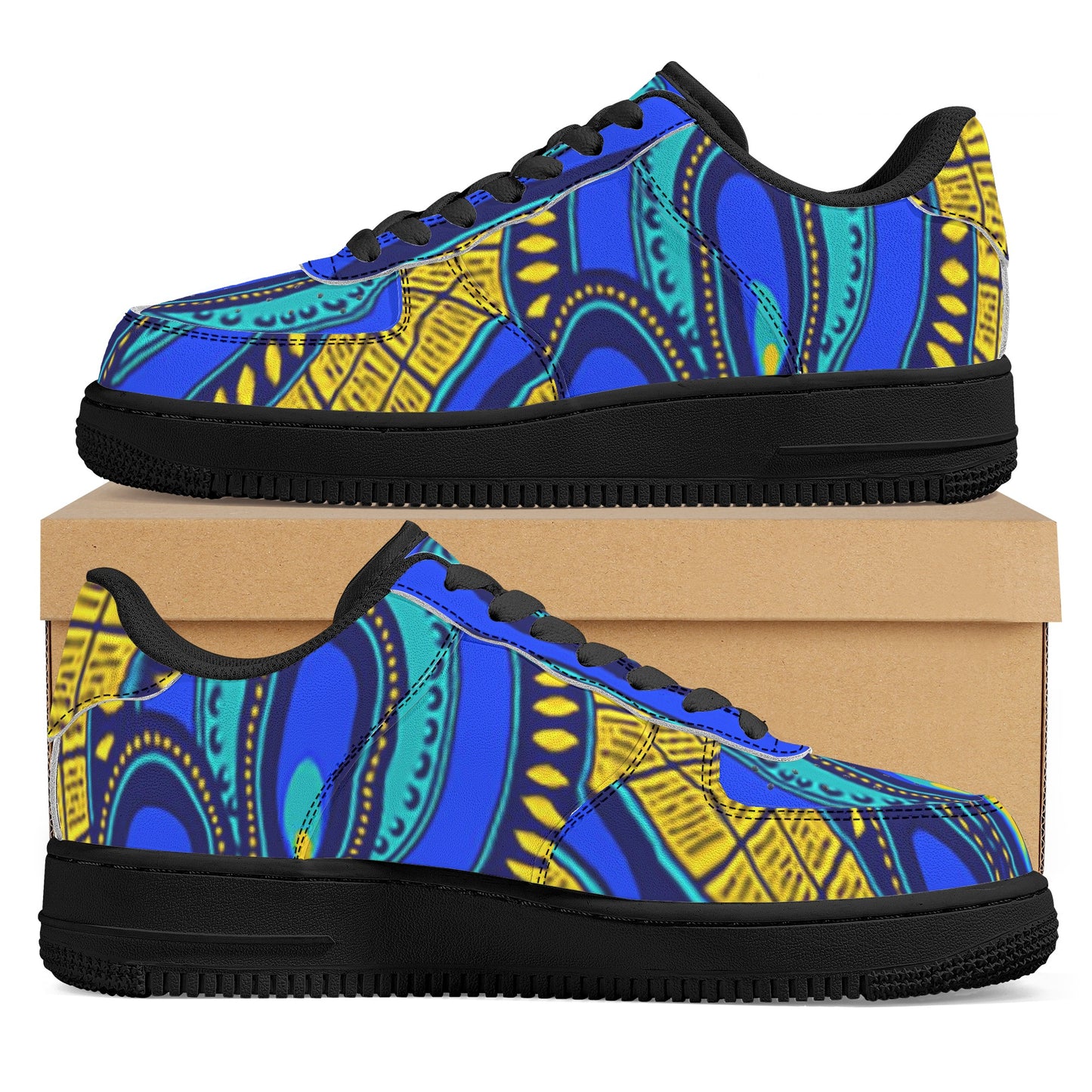 Vivid Azura Blue Spiral - Ethnic-Inspired Pattern Womens Low Top Leather Sport Sneakers - D'Sare