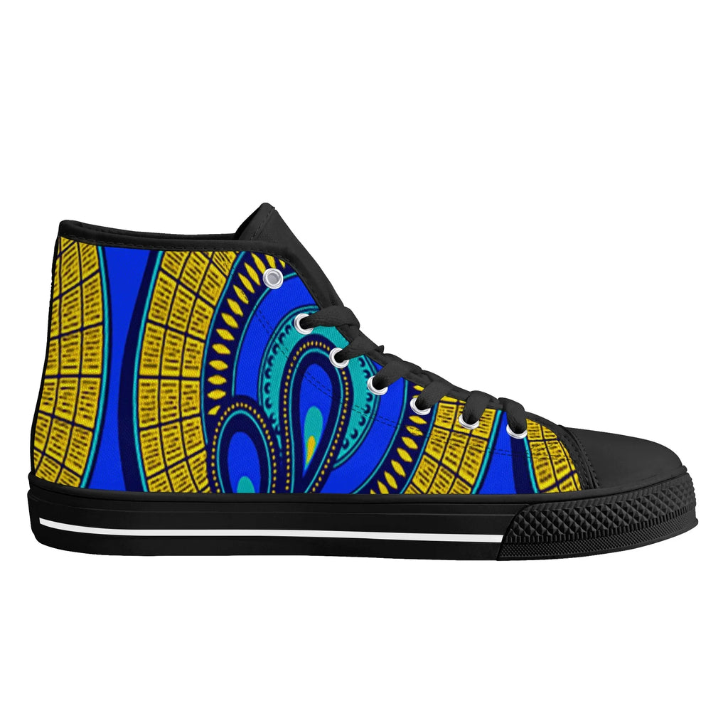 Vivid Azura Blue Spiral - Ethnic-Inspired Pattern Womens High Top Canvas Shoes - D'Sare