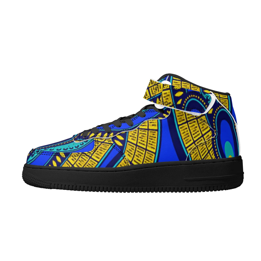 Vivid Azura Blue Spiral - Ethnic-Inspired Pattern Mens High Top Leather Sneakers - D'Sare