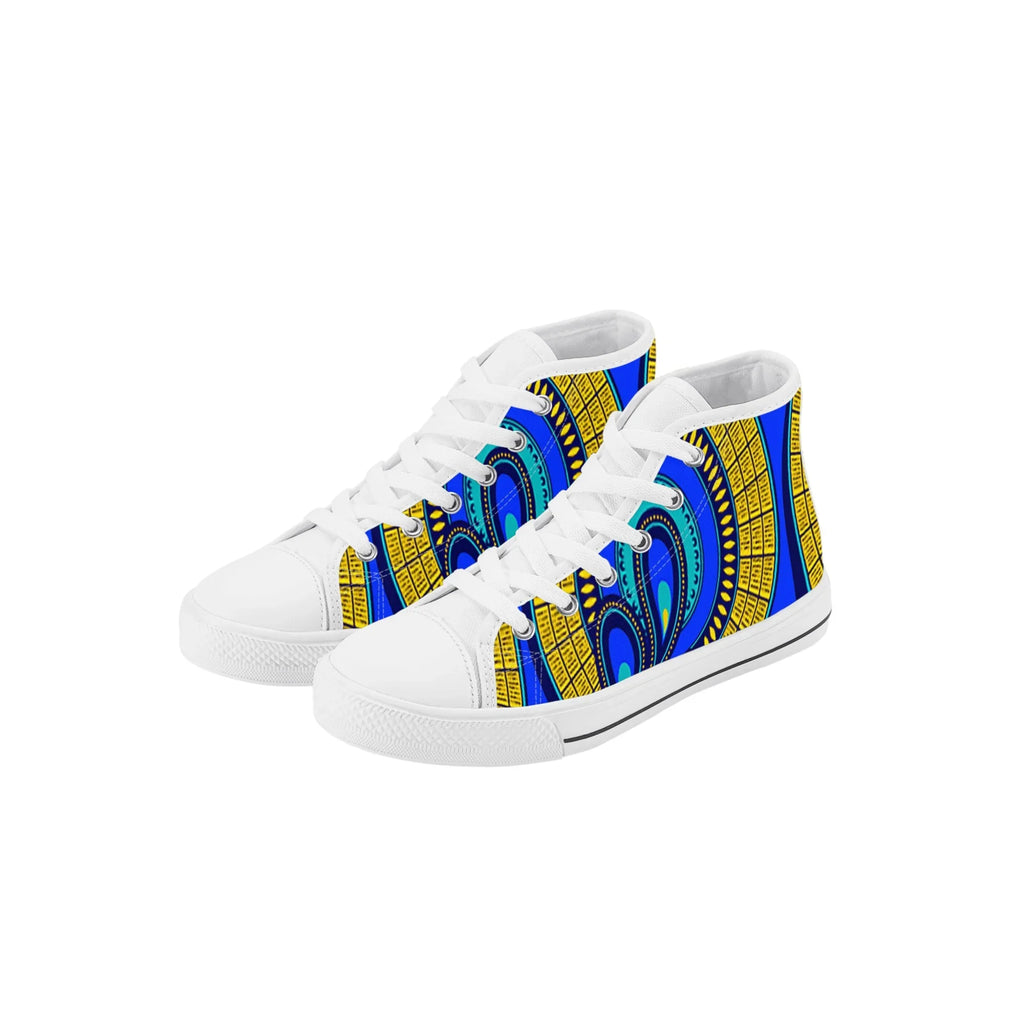 Vivid Azura Blue Spiral - Ethnic-Inspired Pattern Kids High Top Canvas Shoes - D'Sare