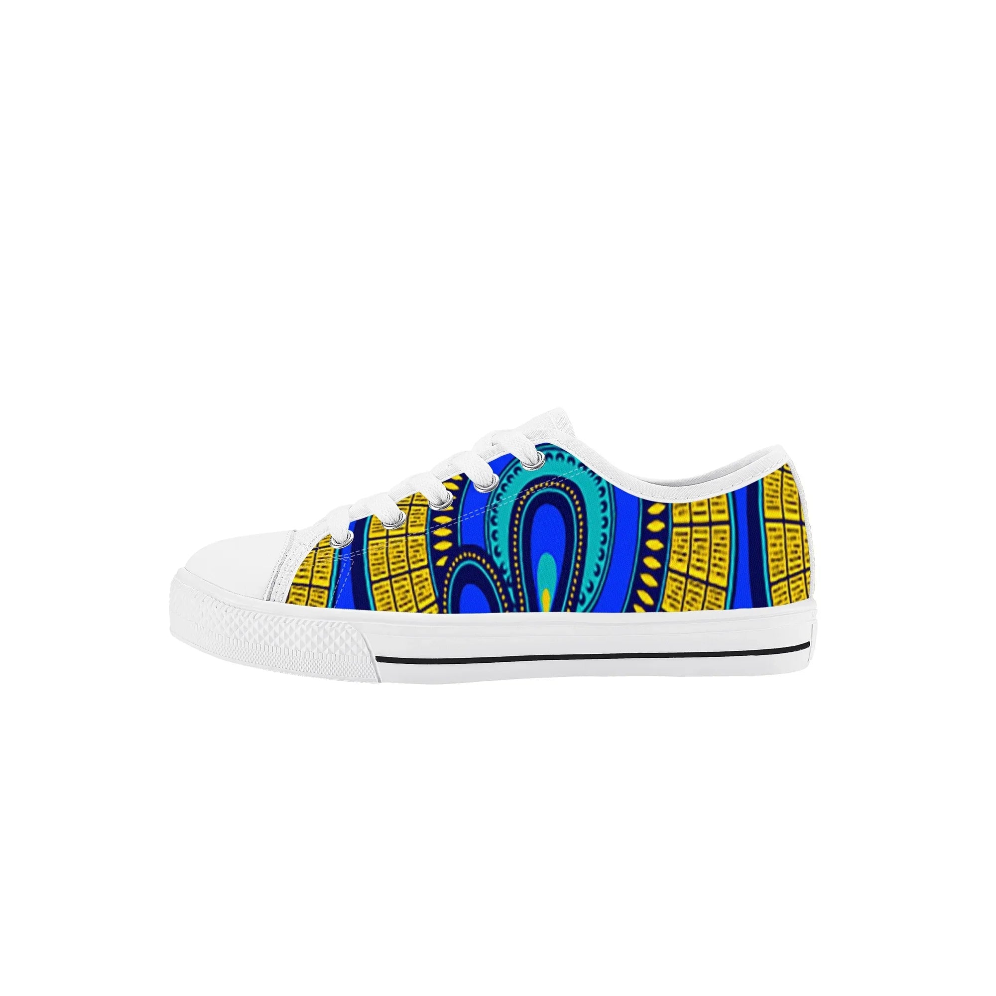 Vivid Azura Blue Spiral - Ethnic-Inspired Pattern Kids Low Top Canvas Shoes - D'Sare