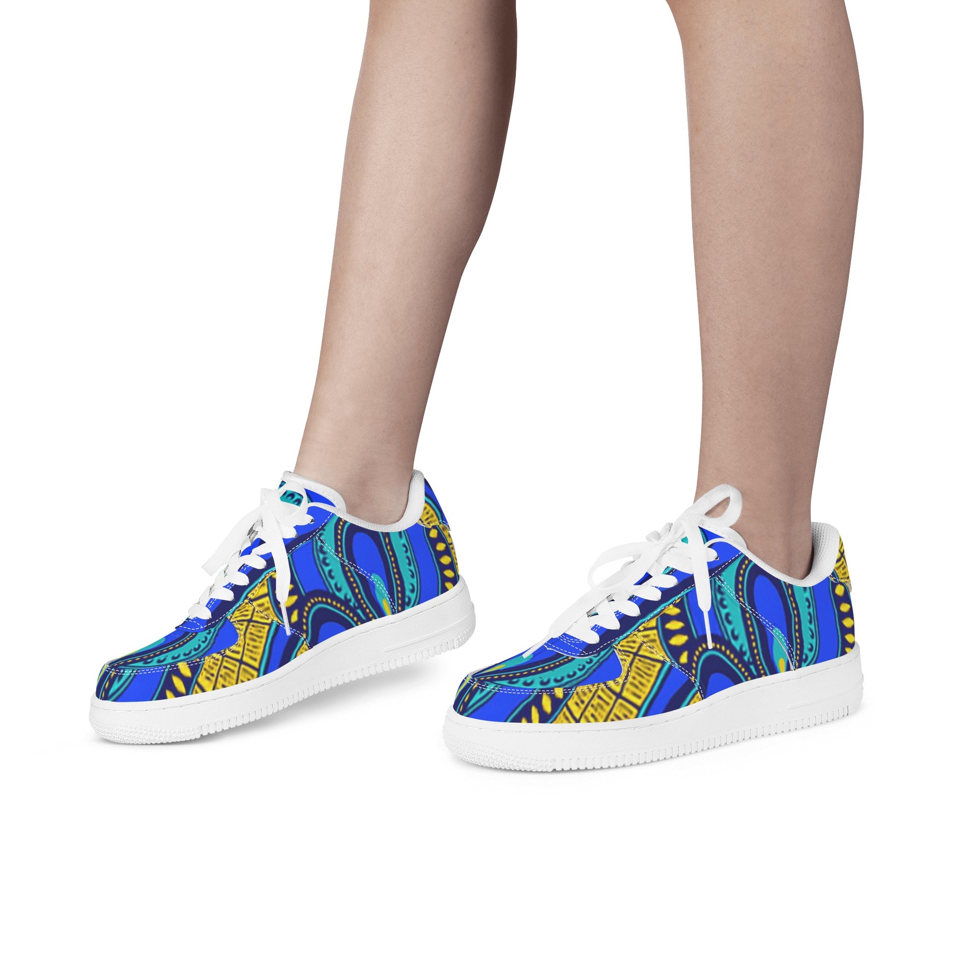 Vivid Azura Blue Spiral - Ethnic-Inspired Pattern Womens Low Top Leather Sport Sneakers - D'Sare