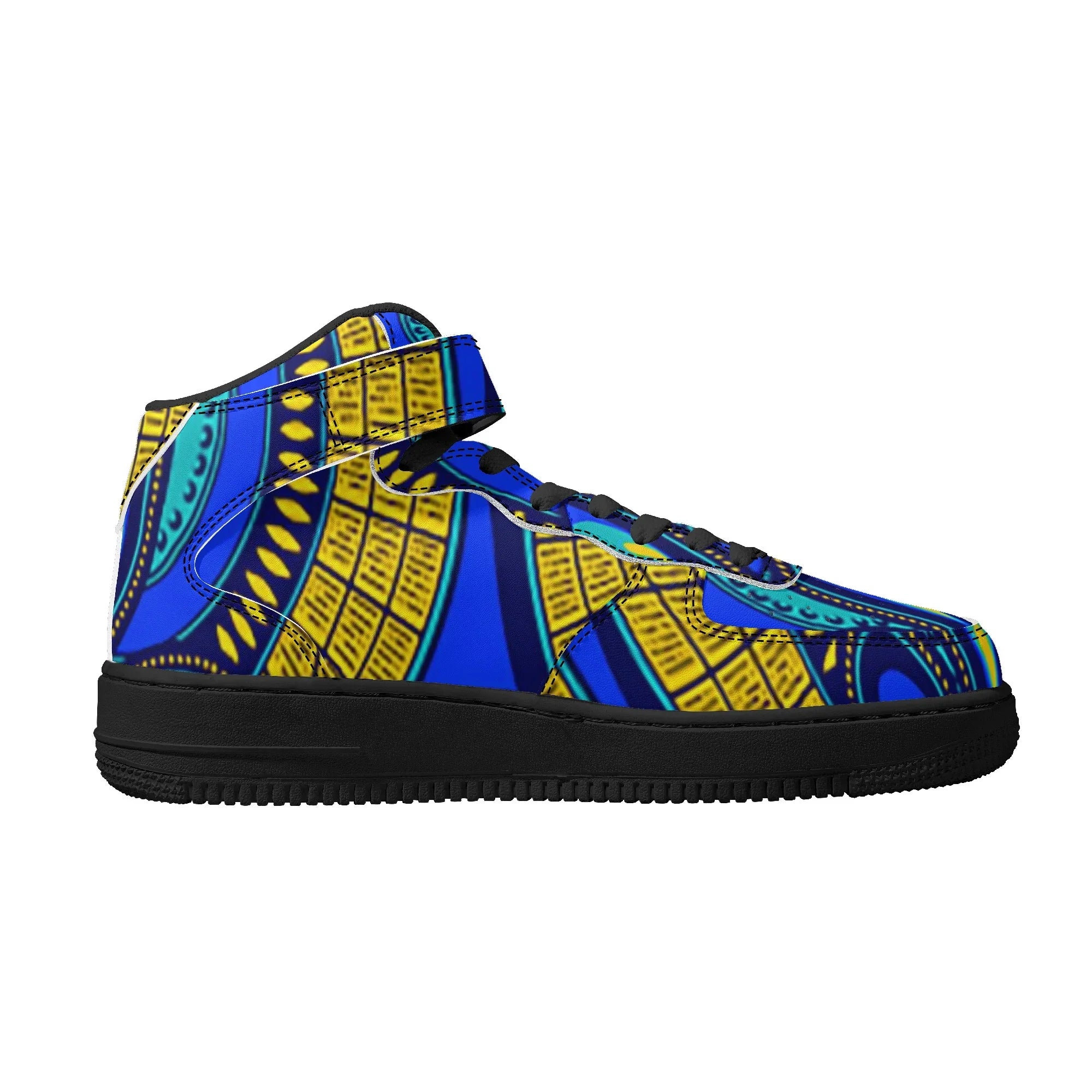 Vivid Azura Blue Spiral - Ethnic-Inspired Pattern Mens High Top Leather Sneakers - D'Sare