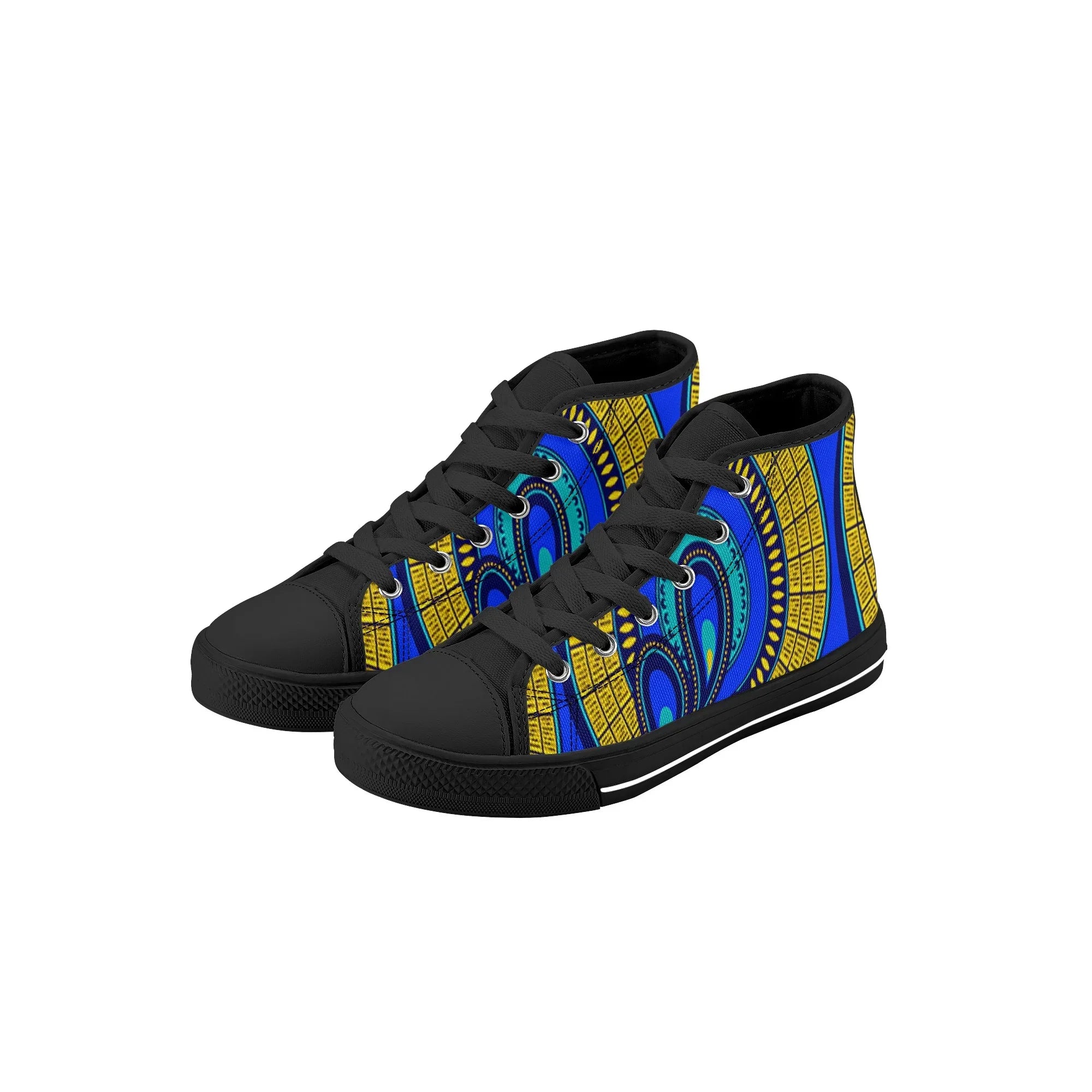 Vivid Azura Blue Spiral - Ethnic-Inspired Pattern Kids High Top Canvas Shoes - D'Sare
