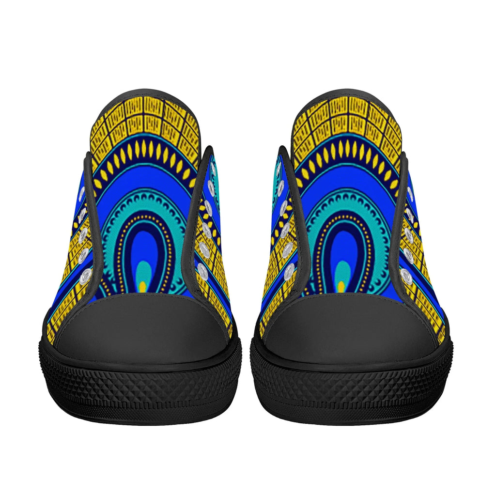 Vivid Azura Blue Spiral - Ethnic-Inspired Pattern Low Top Canvas Shoes - D'Sare