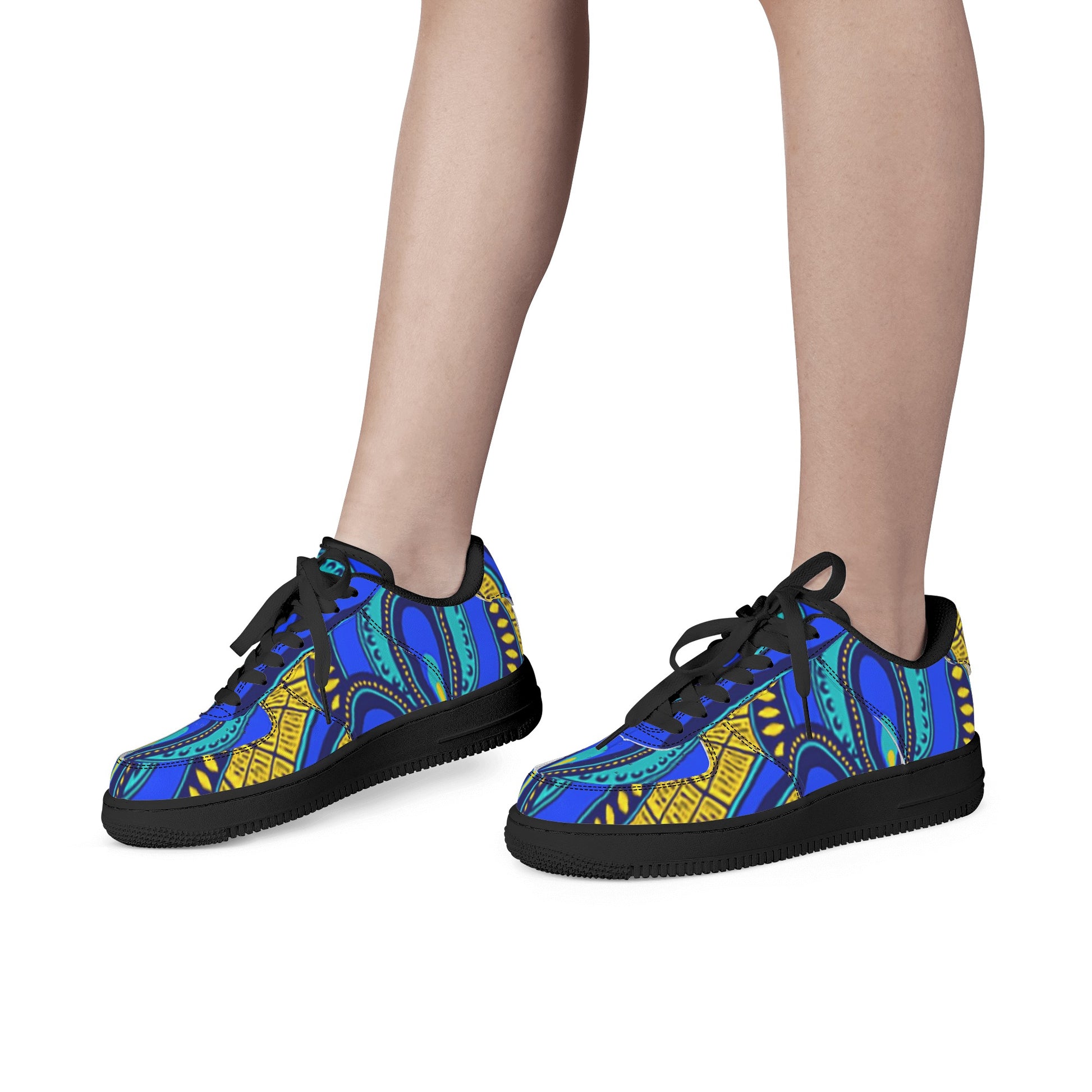 Vivid Azura Blue Spiral - Ethnic-Inspired Pattern Womens Low Top Leather Sport Sneakers - D'Sare