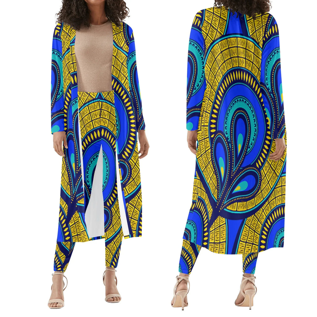 Vivid Azura Blue Spiral - Ethnic-Inspired Pattern Womens Long Sleeve Cardigan and Leggings Sets - D'Sare
