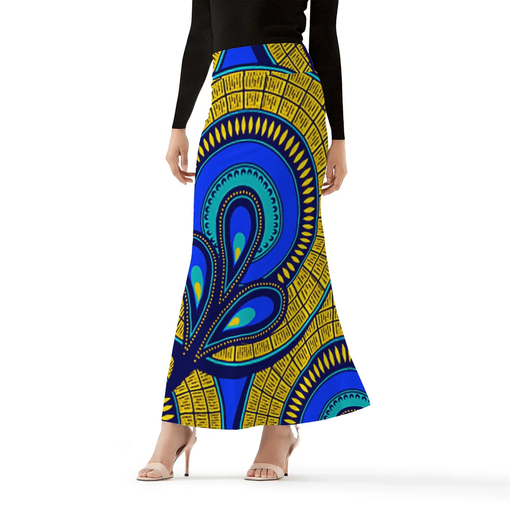 Vivid Azura Blue Spiral - Ethnic-Inspired Pattern Womens Wrap Fishtail Long Skirt - D'Sare