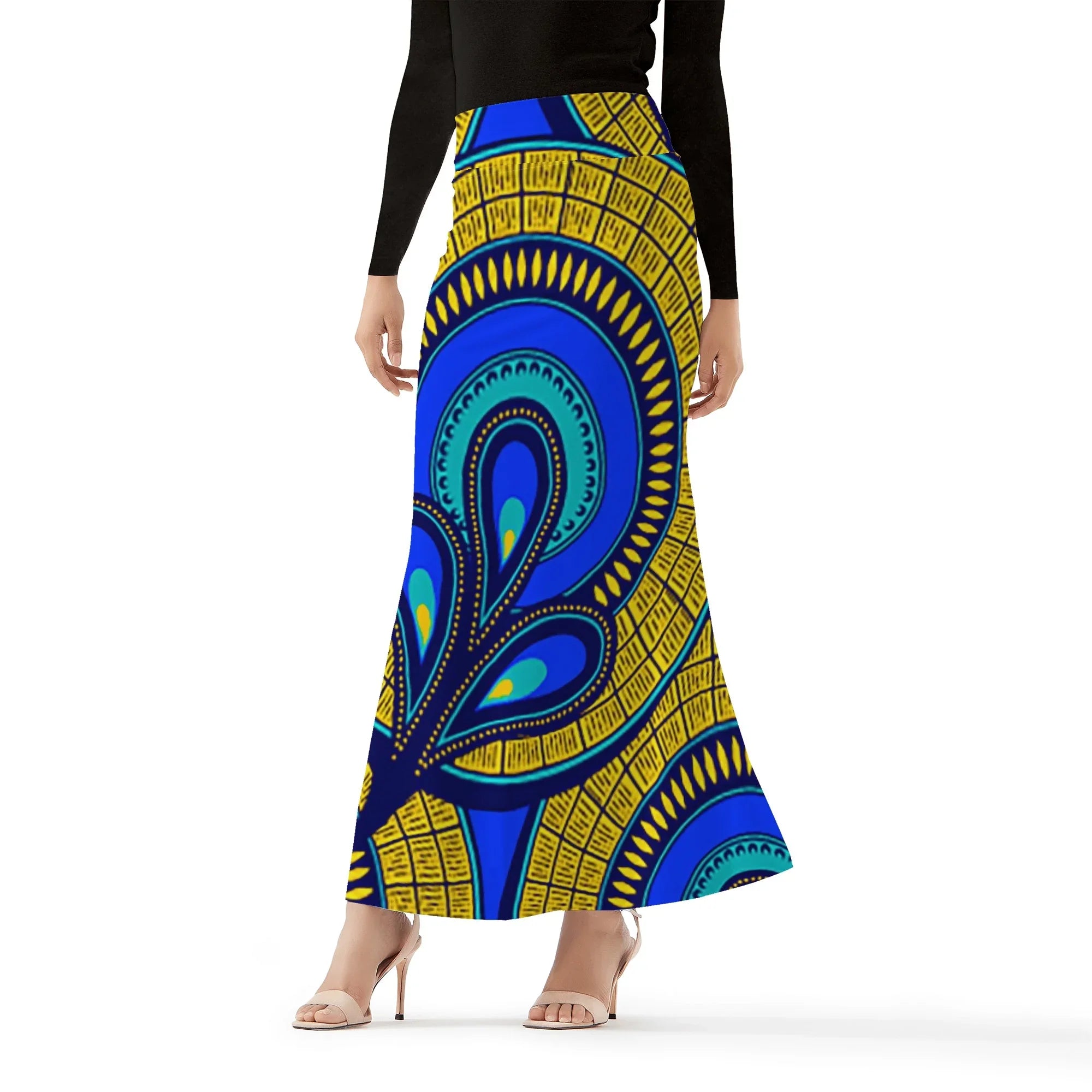 Vivid Azura Blue Spiral - Ethnic-Inspired Pattern Womens Wrap Fishtail Long Skirt - D'Sare