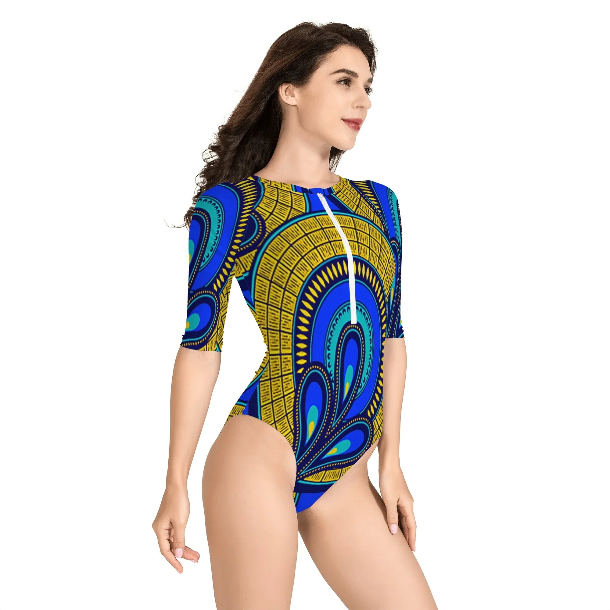 Vivid Azura Blue Spiral - Ethnic-Inspired Pattern Womens One Piece Zip Front Half Sleeve Swimsuit - D'Sare