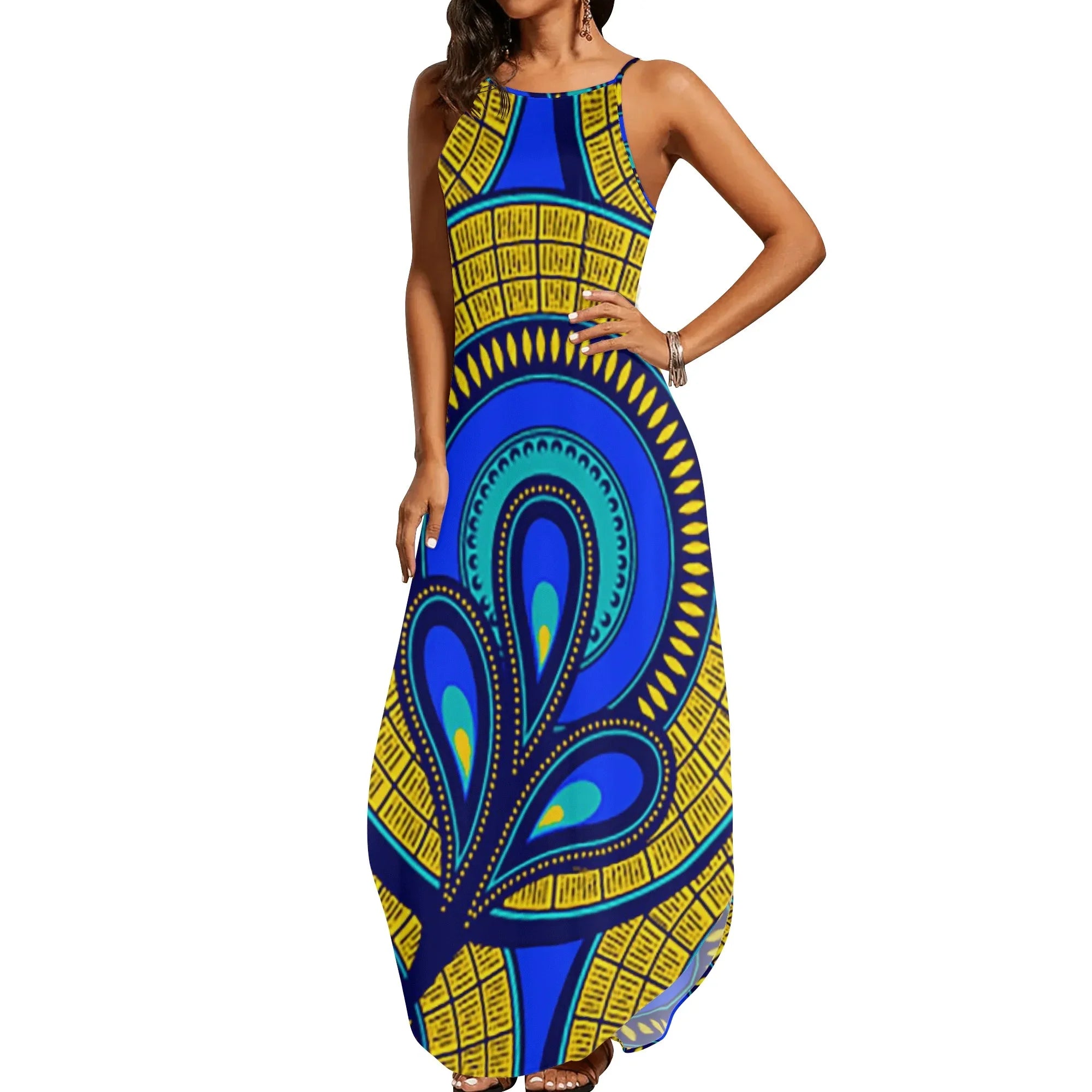 Vivid Azura Blue Spiral - Ethnic-Inspired Pattern Womens Elegant Sleeveless Evening Dress - D'Sare