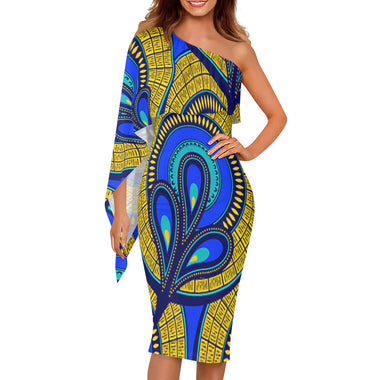 Vivid Azura Blue Spiral - Ethnic-Inspired Pattern Womens One Shoulder Sleeve Evening Formal Dress