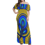 Vivid Azura Blue Spiral - Ethnic-Inspired Pattern Womens Off The Shoulder Wrap Long Dress - D'Sare