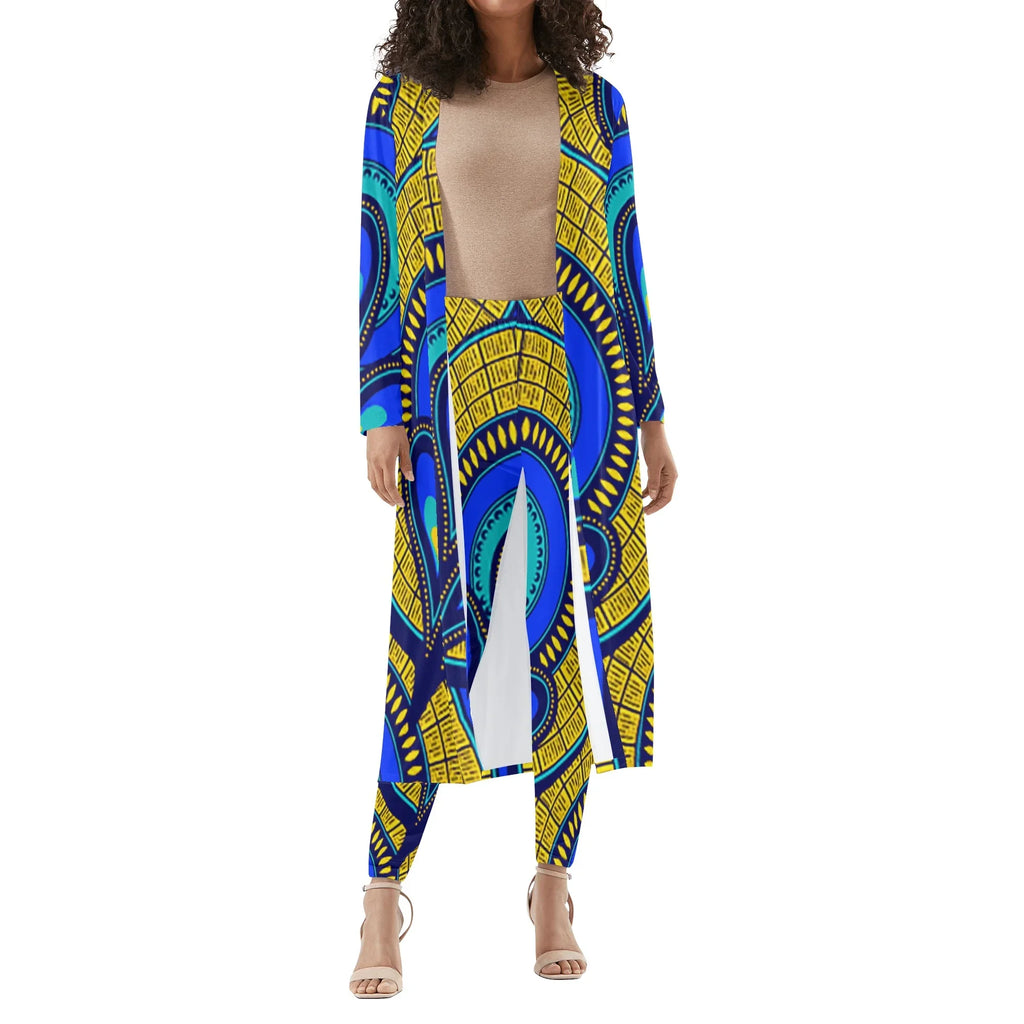 Vivid Azura Blue Spiral - Ethnic-Inspired Pattern Womens Long Sleeve Cardigan and Leggings Sets - D'Sare