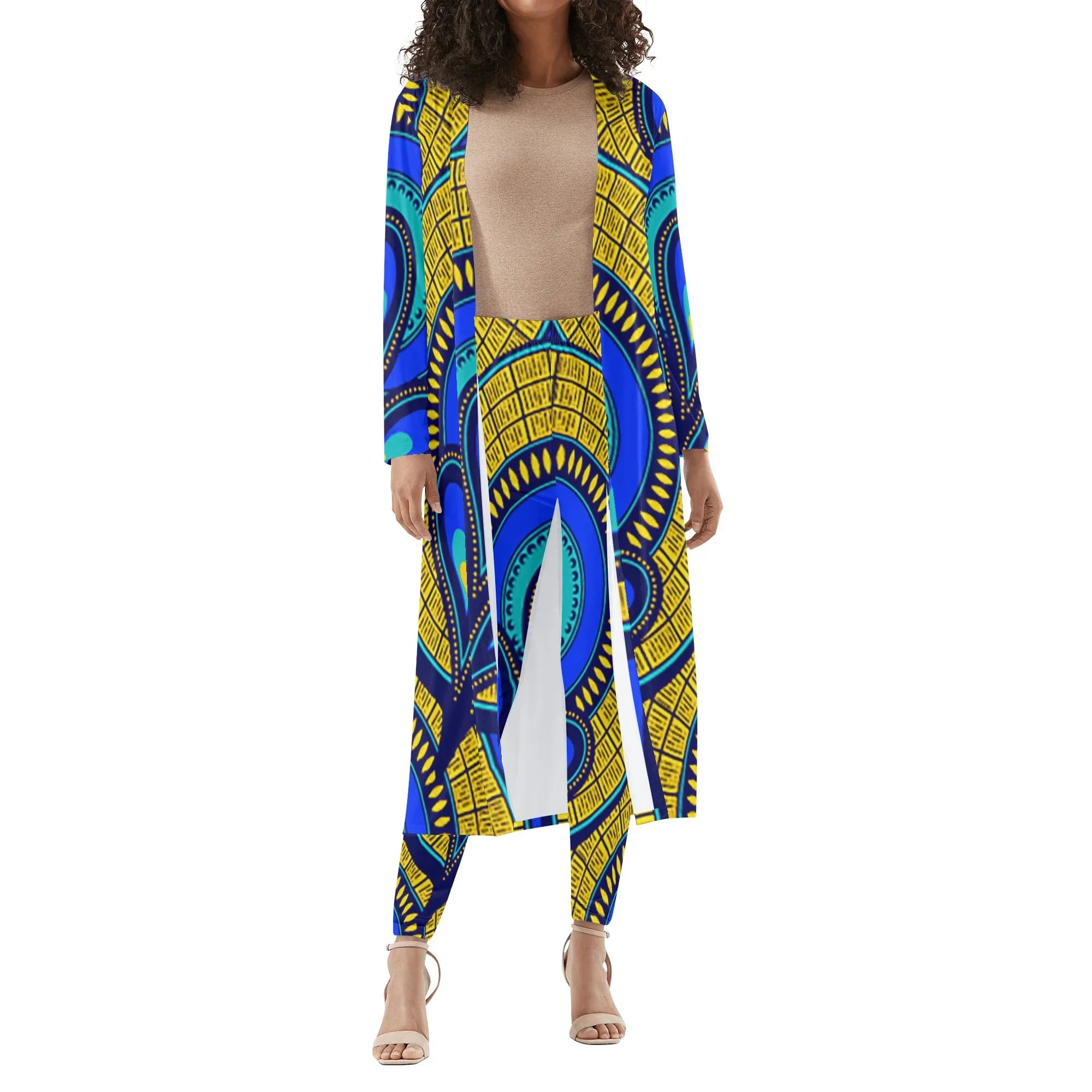 Vivid Azura Blue Spiral - Ethnic-Inspired Pattern Womens Long Sleeve Cardigan and Leggings Sets - D'Sare