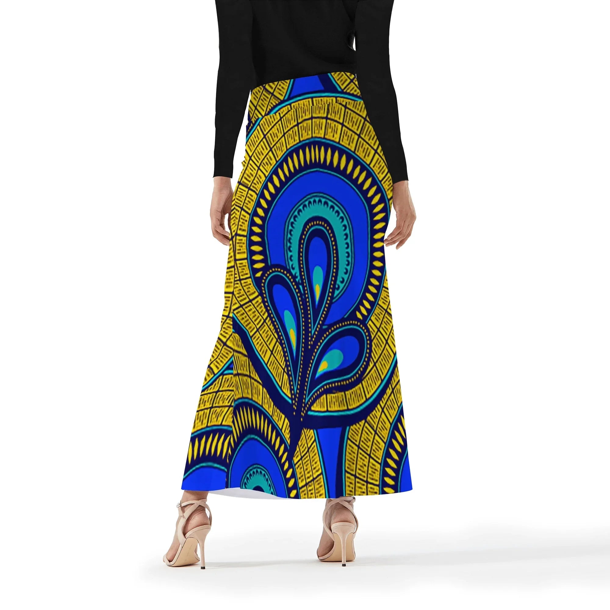 Vivid Azura Blue Spiral - Ethnic-Inspired Pattern Womens Wrap Fishtail Long Skirt - D'Sare