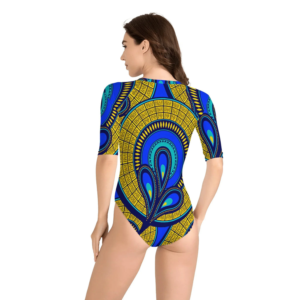 Vivid Azura Blue Spiral - Ethnic-Inspired Pattern Womens One Piece Zip Front Half Sleeve Swimsuit - D'Sare