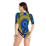 Vivid Azura Blue Spiral - Ethnic-Inspired Pattern Womens One Piece Zip Front Half Sleeve Swimsuit