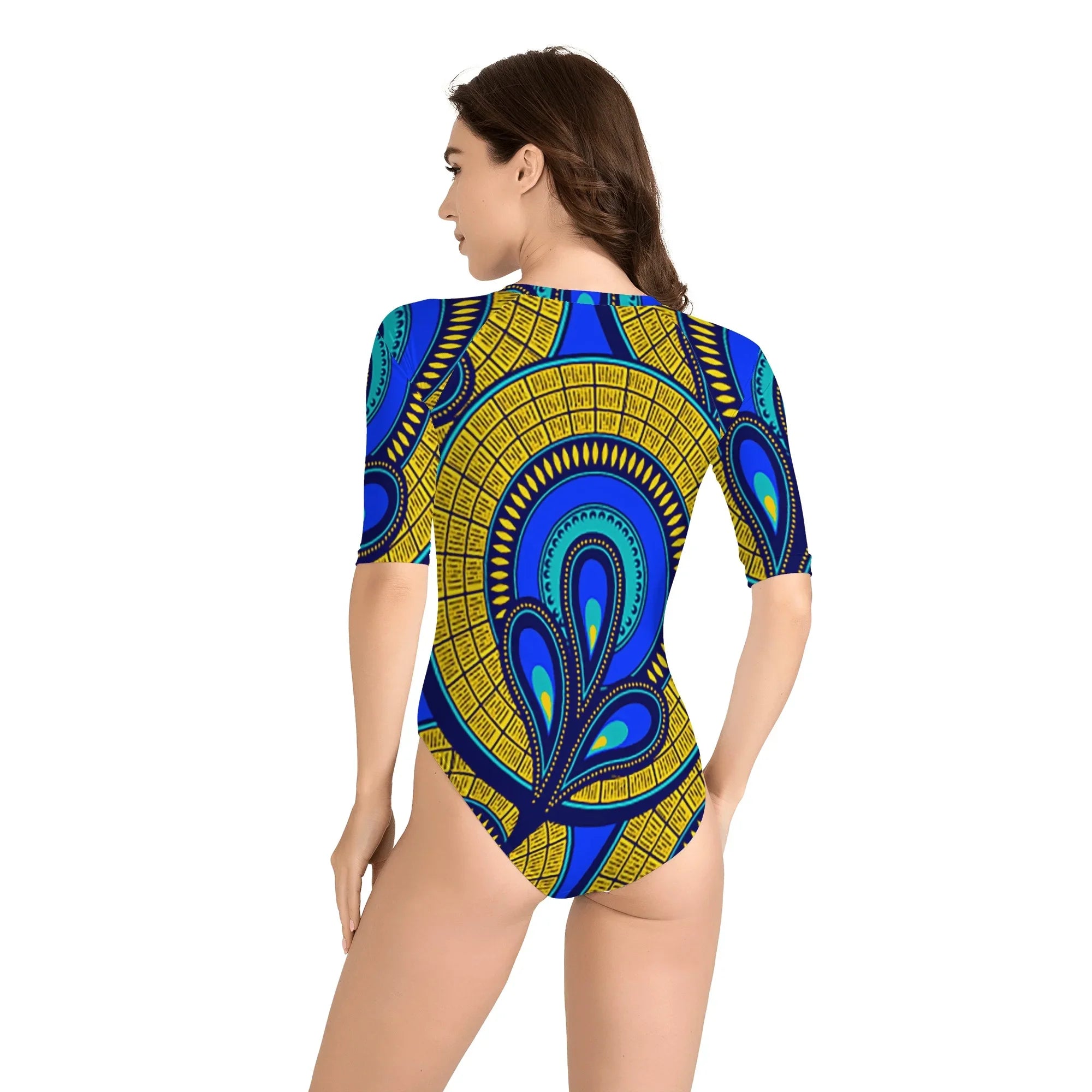Vivid Azura Blue Spiral - Ethnic-Inspired Pattern Womens One Piece Zip Front Half Sleeve Swimsuit - D'Sare