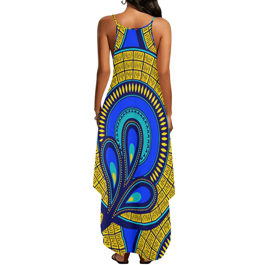 Vivid Azura Blue Spiral - Ethnic-Inspired Pattern Womens Elegant Sleeveless Evening Dress - D'Sare