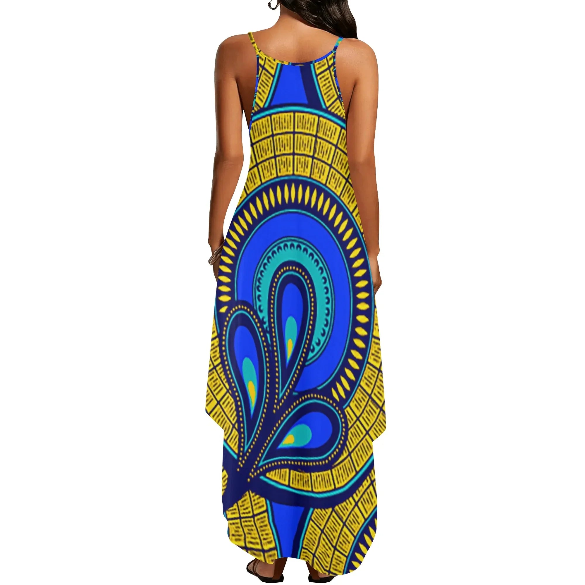 Vivid Azura Blue Spiral - Ethnic-Inspired Pattern Womens Elegant Sleeveless Evening Dress - D'Sare