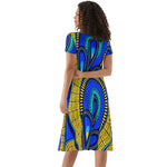 Vivid Azura Blue Spiral - Ethnic-Inspired Pattern Womens Short Sleeve Ruffle Dress