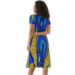 Vivid Azura Blue Spiral - Ethnic-Inspired Pattern Womens Short Sleeve Ruffle Dress - D'Sare