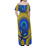 Vivid Azura Blue Spiral - Ethnic-Inspired Pattern Womens Off The Shoulder Wrap Long Dress - D'Sare