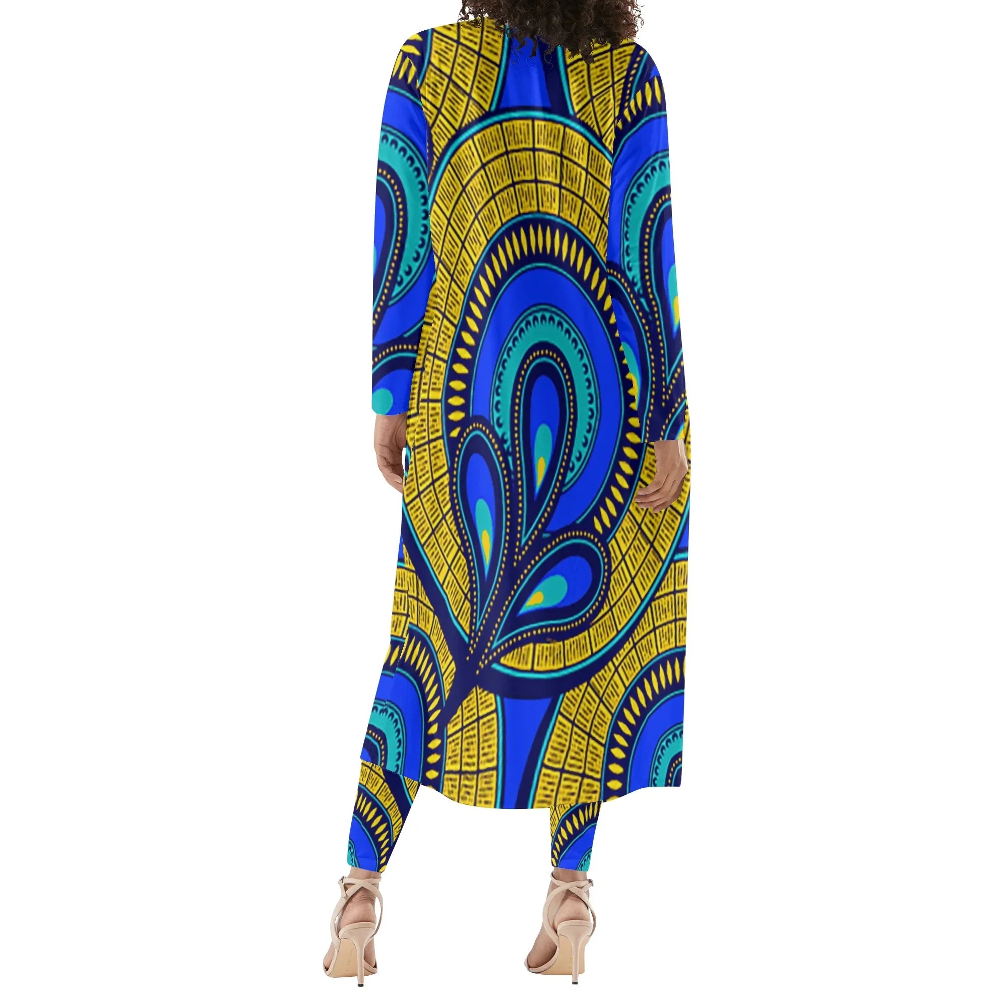 Vivid Azura Blue Spiral - Ethnic-Inspired Pattern Womens Long Sleeve Cardigan and Leggings Sets - D'Sare