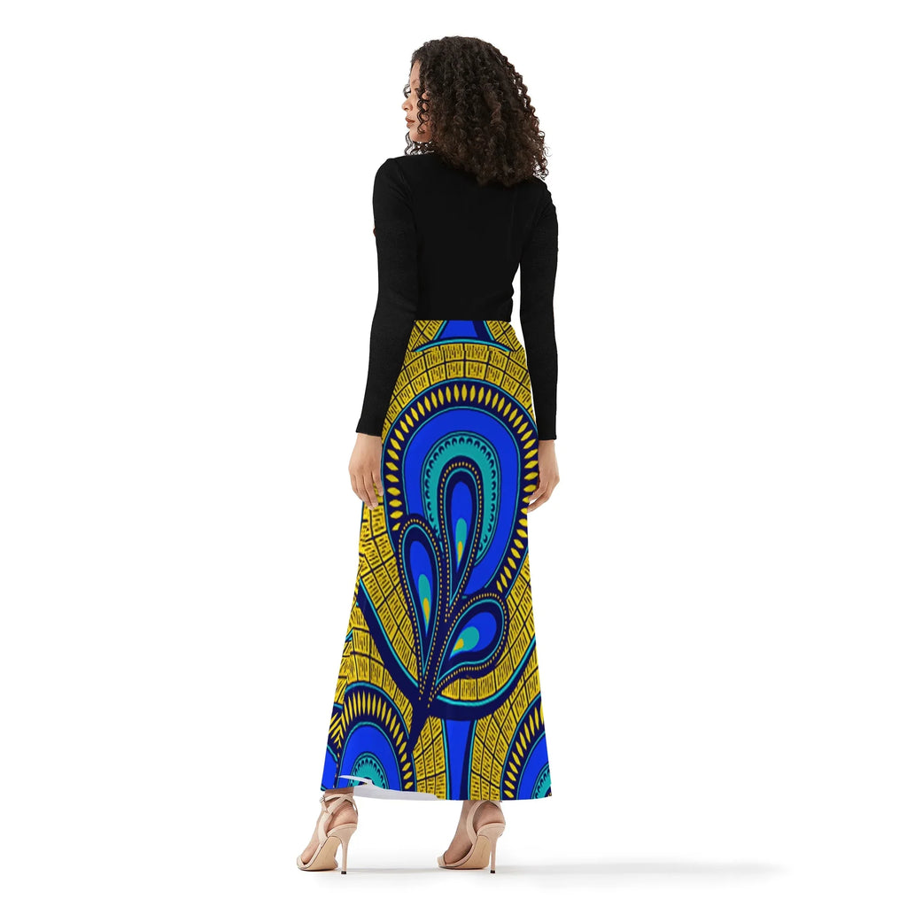Vivid Azura Blue Spiral - Ethnic-Inspired Pattern Womens Wrap Fishtail Long Skirt - D'Sare