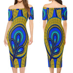 Vivid Azura Blue Spiral - Ethnic-Inspired Pattern Womens Off The Shoulder Short Sleeve Elegant Wrap Dress