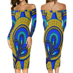 Vivid Azura Blue Spiral - Ethnic-Inspired Pattern Womens Off The Shoulder Long Sleeve Elegant Wrap Dress