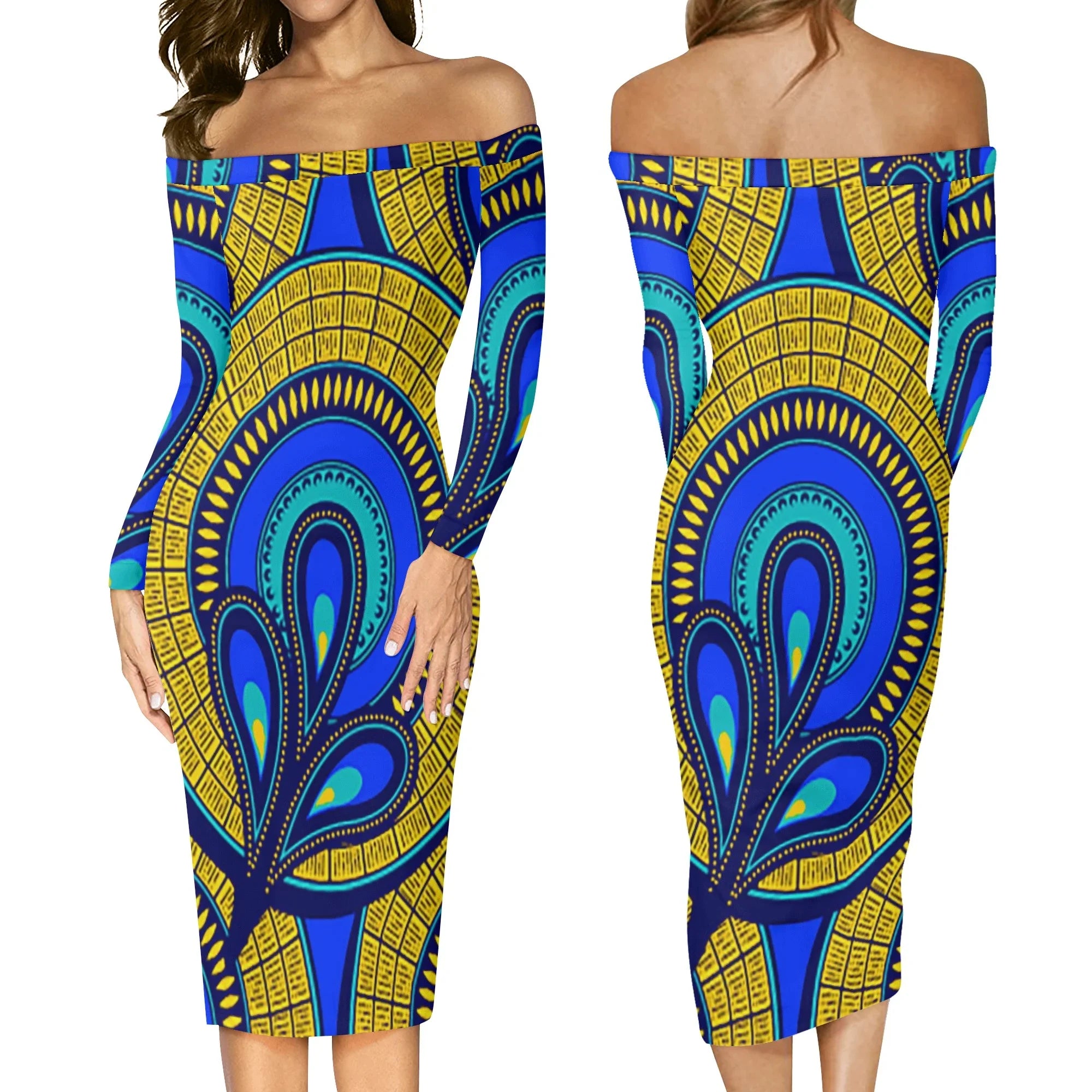 Vivid Azura Blue Spiral - Ethnic-Inspired Pattern Womens Off The Shoulder Long Sleeve Elegant Wrap Dress - D'Sare