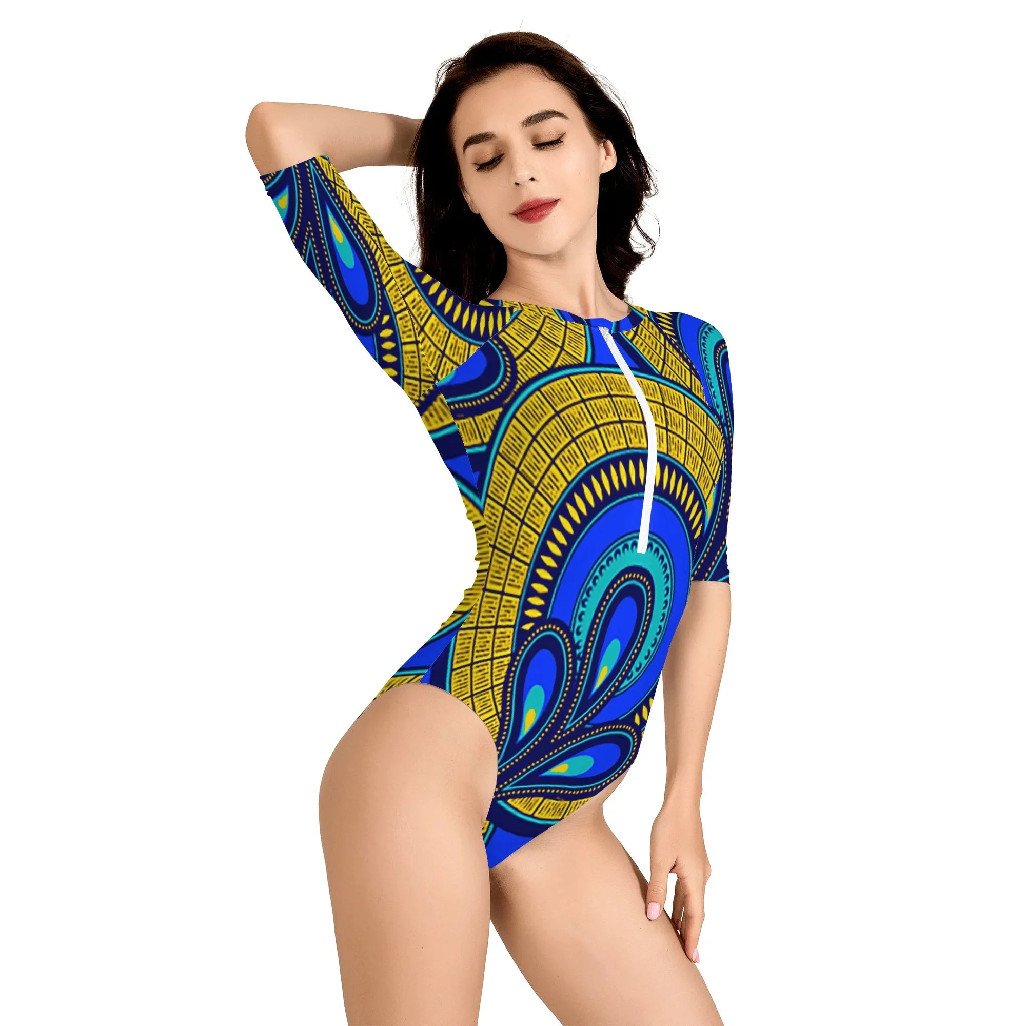 Vivid Azura Blue Spiral - Ethnic-Inspired Pattern Womens One Piece Zip Front Half Sleeve Swimsuit - D'Sare