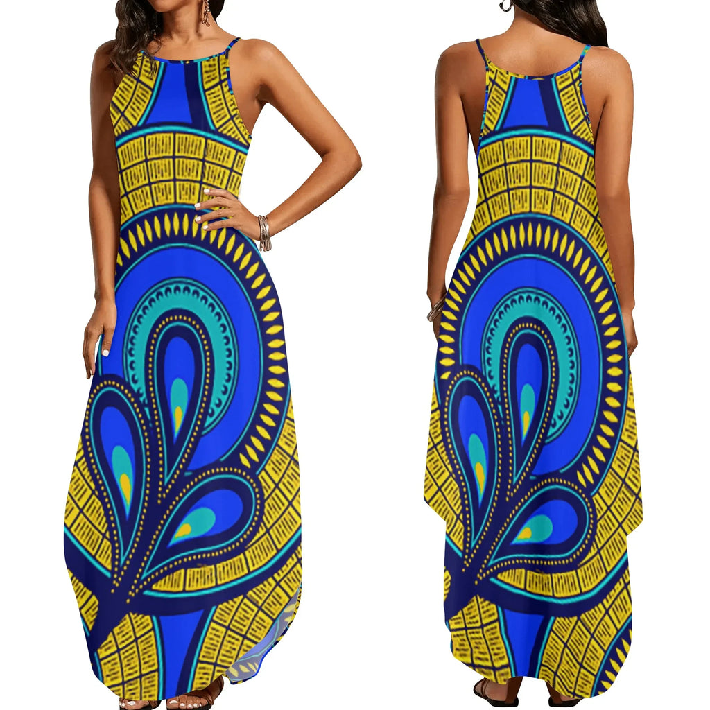 Vivid Azura Blue Spiral - Ethnic-Inspired Pattern Womens Elegant Sleeveless Evening Dress - D'Sare