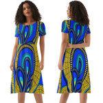 Vivid Azura Blue Spiral - Ethnic-Inspired Pattern Womens Short Sleeve Ruffle Dress
