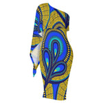 Vivid Azura Blue Spiral - Ethnic-Inspired Pattern Womens One Shoulder Sleeve Evening Formal Dress