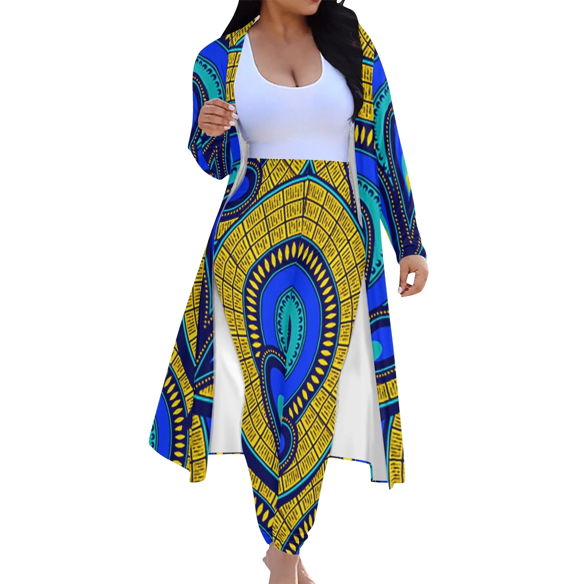 Vivid Azura Blue Spiral - Ethnic-Inspired Pattern Womens Long Sleeve Cardigan and Leggings Sets - D'Sare