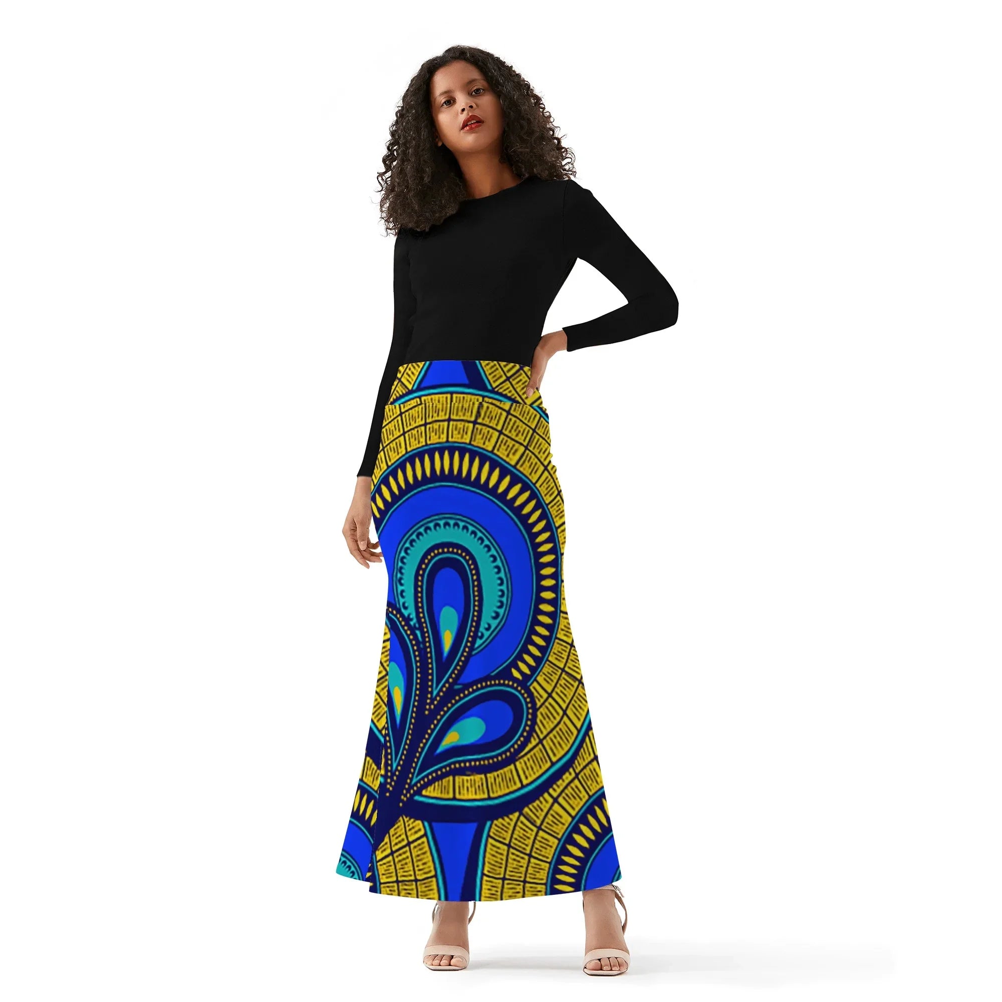 Vivid Azura Blue Spiral - Ethnic-Inspired Pattern Womens Wrap Fishtail Long Skirt - D'Sare