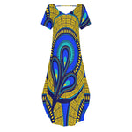 Vivid Azura Blue Spiral - Ethnic-Inspired Pattern Womens Short Sleeve Long Draped Dress