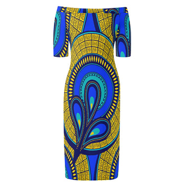 Vivid Azura Blue Spiral - Ethnic-Inspired Pattern Womens Off The Shoulder Short Sleeve Elegant Wrap Dress