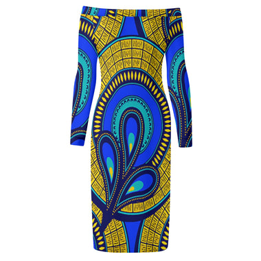Vivid Azura Blue Spiral - Ethnic-Inspired Pattern Womens Off The Shoulder Long Sleeve Elegant Wrap Dress