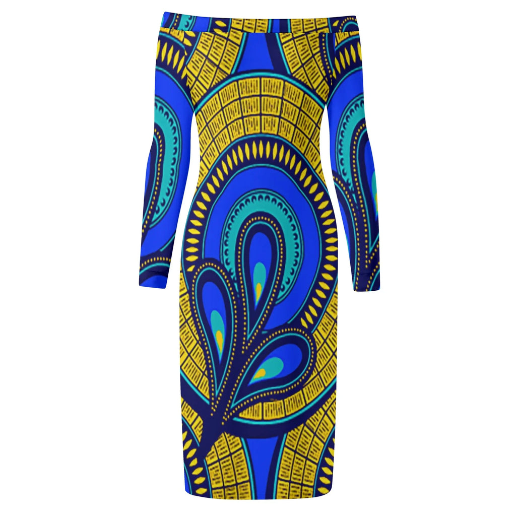Vivid Azura Blue Spiral - Ethnic-Inspired Pattern Womens Off The Shoulder Long Sleeve Elegant Wrap Dress - D'Sare
