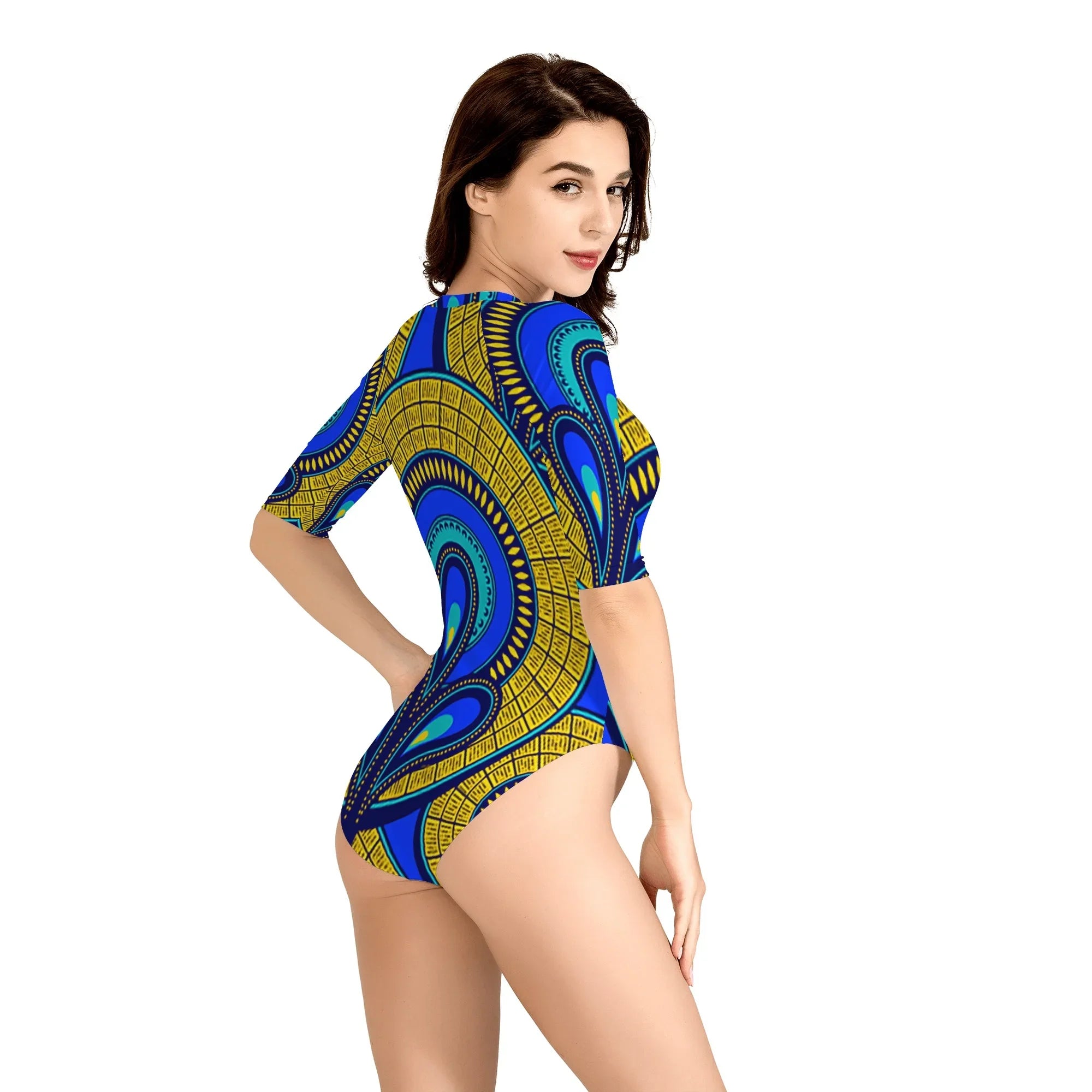 Vivid Azura Blue Spiral - Ethnic-Inspired Pattern Womens One Piece Zip Front Half Sleeve Swimsuit - D'Sare
