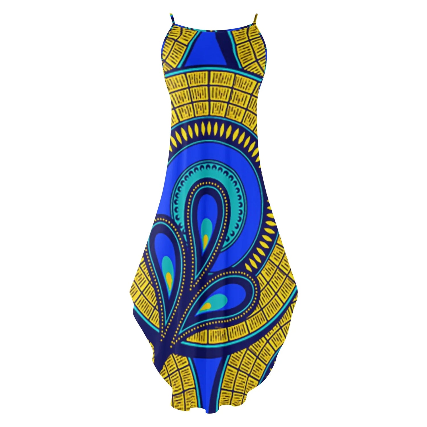 Vivid Azura Blue Spiral - Ethnic-Inspired Pattern Womens Elegant Sleeveless Evening Dress - D'Sare