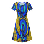 Vivid Azura Blue Spiral - Ethnic-Inspired Pattern Womens Short Sleeve Ruffle Dress