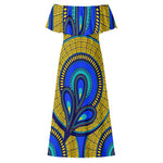 Vivid Azura Blue Spiral - Ethnic-Inspired Pattern Womens Off The Shoulder Wrap Long Dress - D'Sare