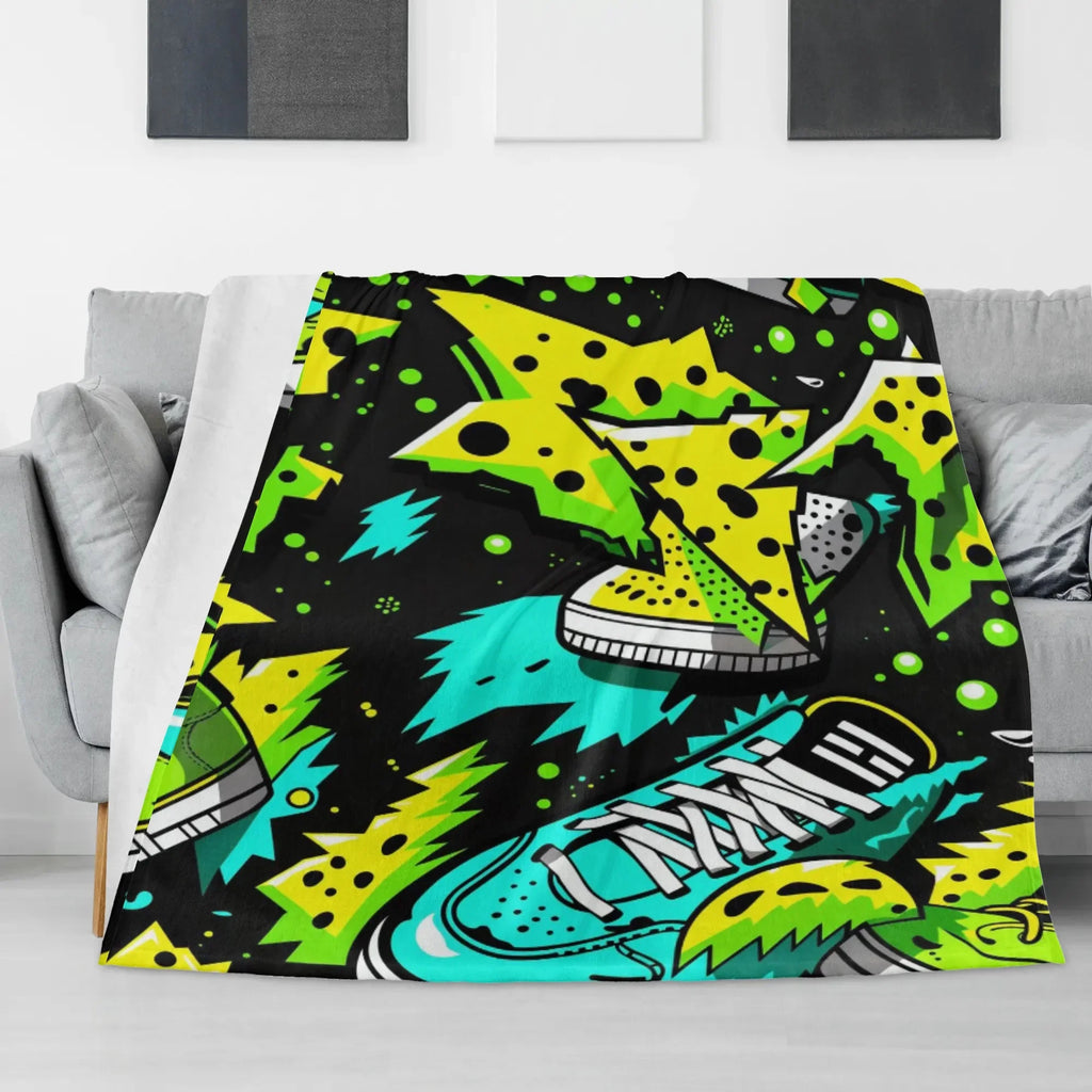 Electric Kicks Art: Urban Pop Art Explosion, Graffiti  Horizontal Flannel Breathable Blanket 4 Sizes - D'Sare