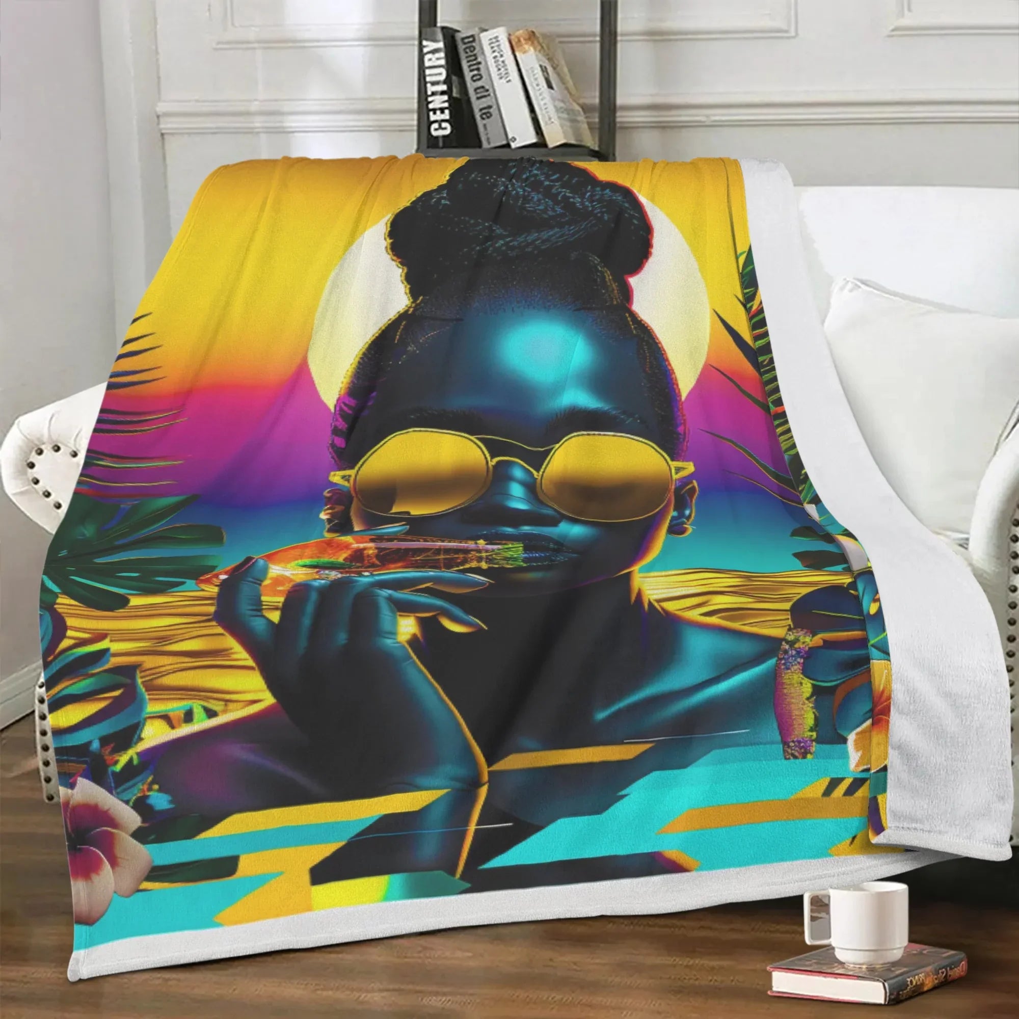 Personalized / Custom Tropical Sunset Dreams : Neon Vibes  Soft Polyester Premium Fleece Blanket - D'Sare